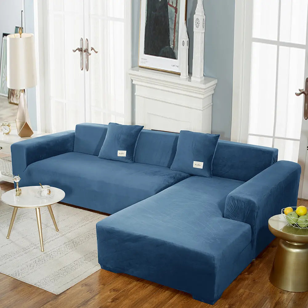 Corner Sofa Cover Velvet Stretchable LUMIÈRE Sapphire Blue-195to230cm