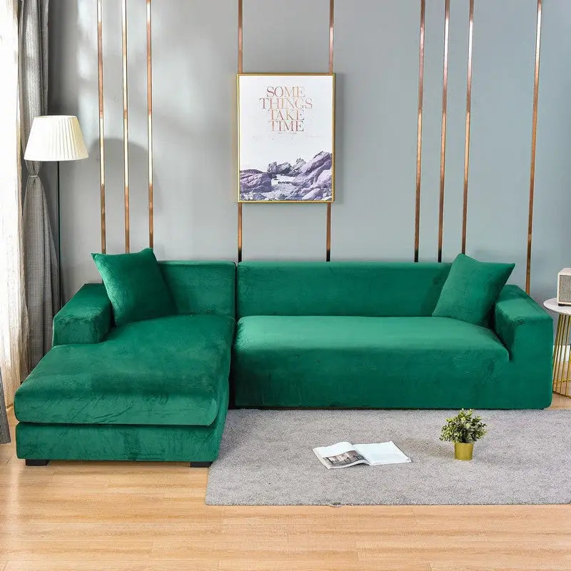 Corner Sofa Cover Velvet Stretchable LUMIÈRE Silver Fox Velvet Green-Three People 190 230cm