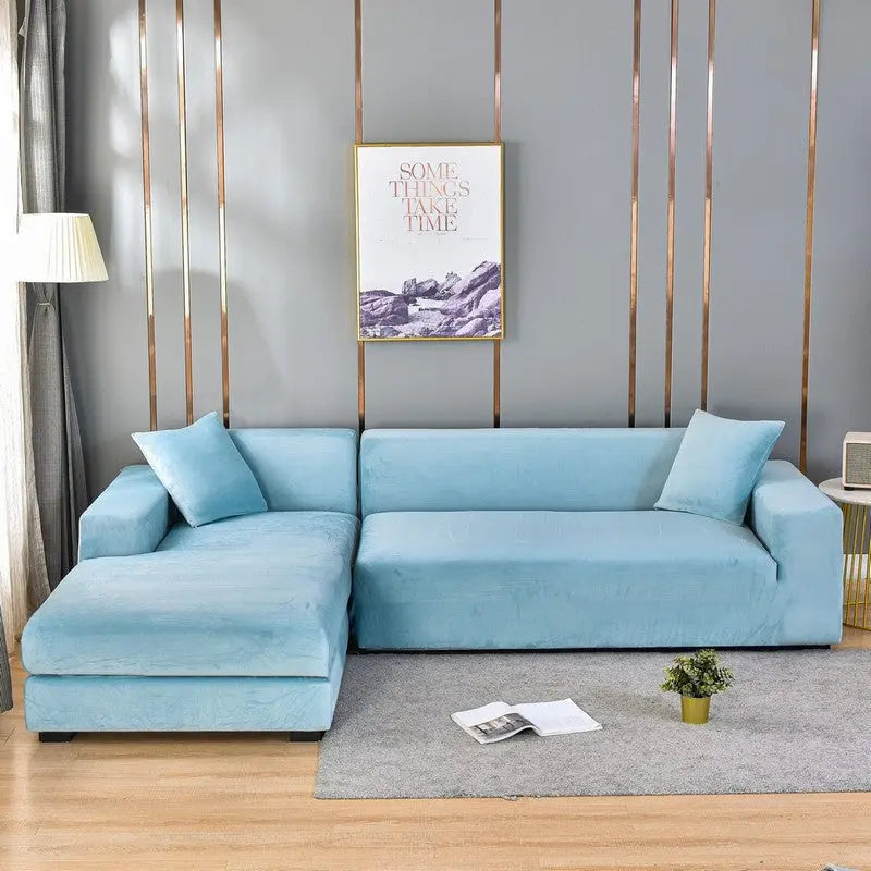 Corner Sofa Cover Velvet Stretchable LUMIÈRE Silver Fox Velvet Light Blue-Double 145 185cm
