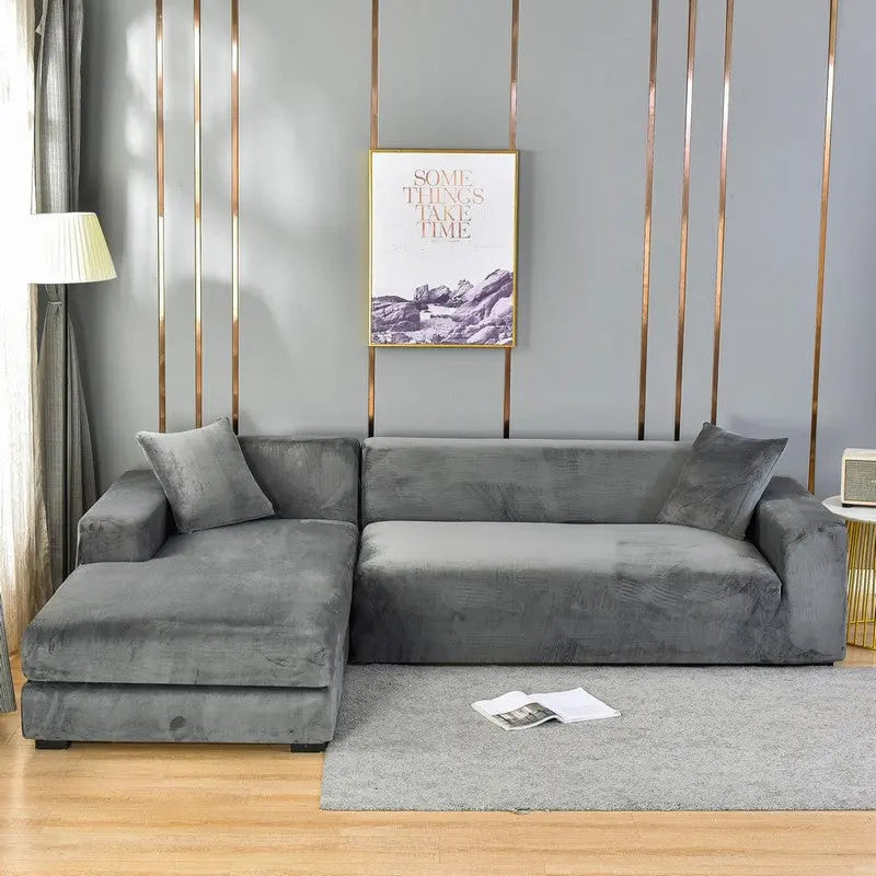 Corner Sofa Cover Velvet Stretchable LUMIÈRE Silver Fox Velvet Medium Gray-Double 145 185cm