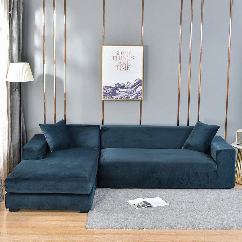 Corner Sofa Cover Velvet Stretchable LUMIÈRE Silver Fox Velvet Navy Blue-Four People 235 300cm