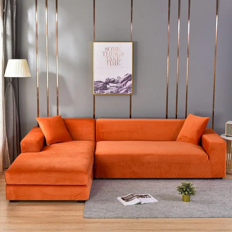 Corner Sofa Cover Velvet Stretchable LUMIÈRE Silver Fox Velvet Orange-Four People 235 300cm