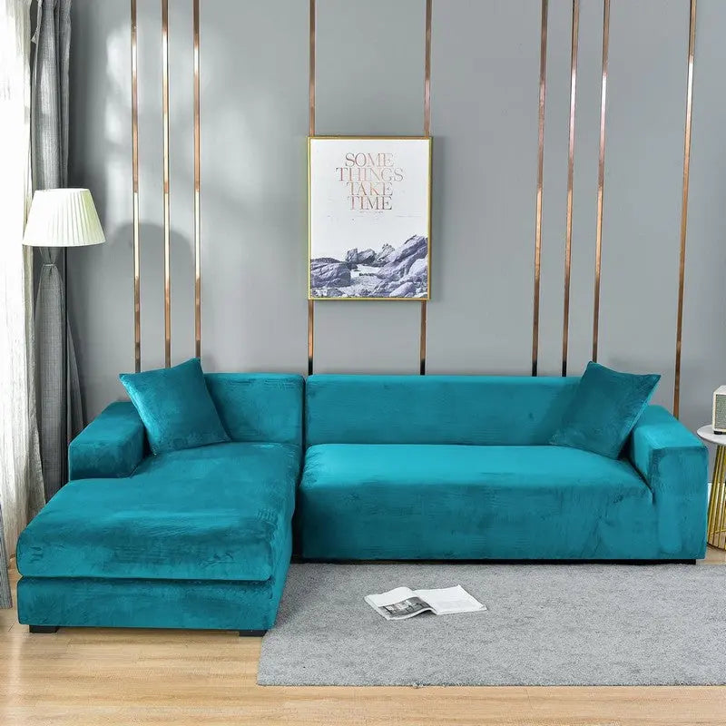 Corner Sofa Cover Velvet Stretchable LUMIÈRE Silver Fox Velvet Peacock Blue-Single 90 140cm