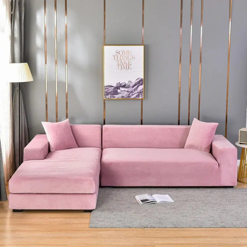 Corner Sofa Cover Velvet Stretchable LUMIÈRE Silver Fox Velvet Pink-Four People 235 300cm