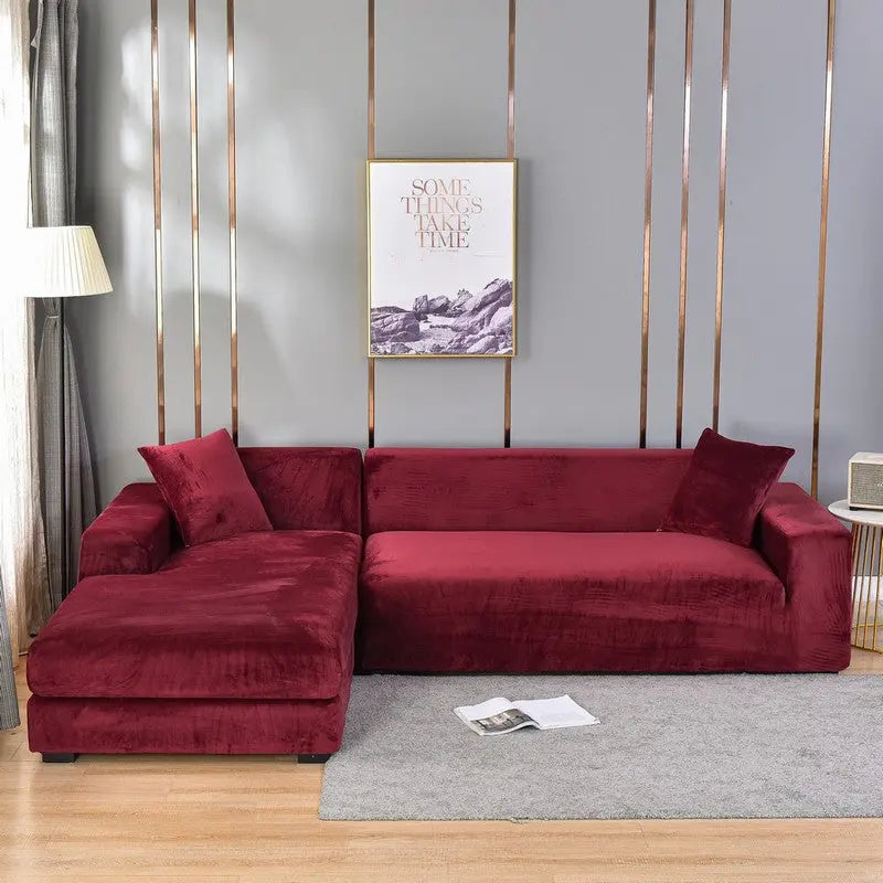 Corner Sofa Cover Velvet Stretchable LUMIÈRE Silver Fox Velvet Wine Red-Double 145 185cm