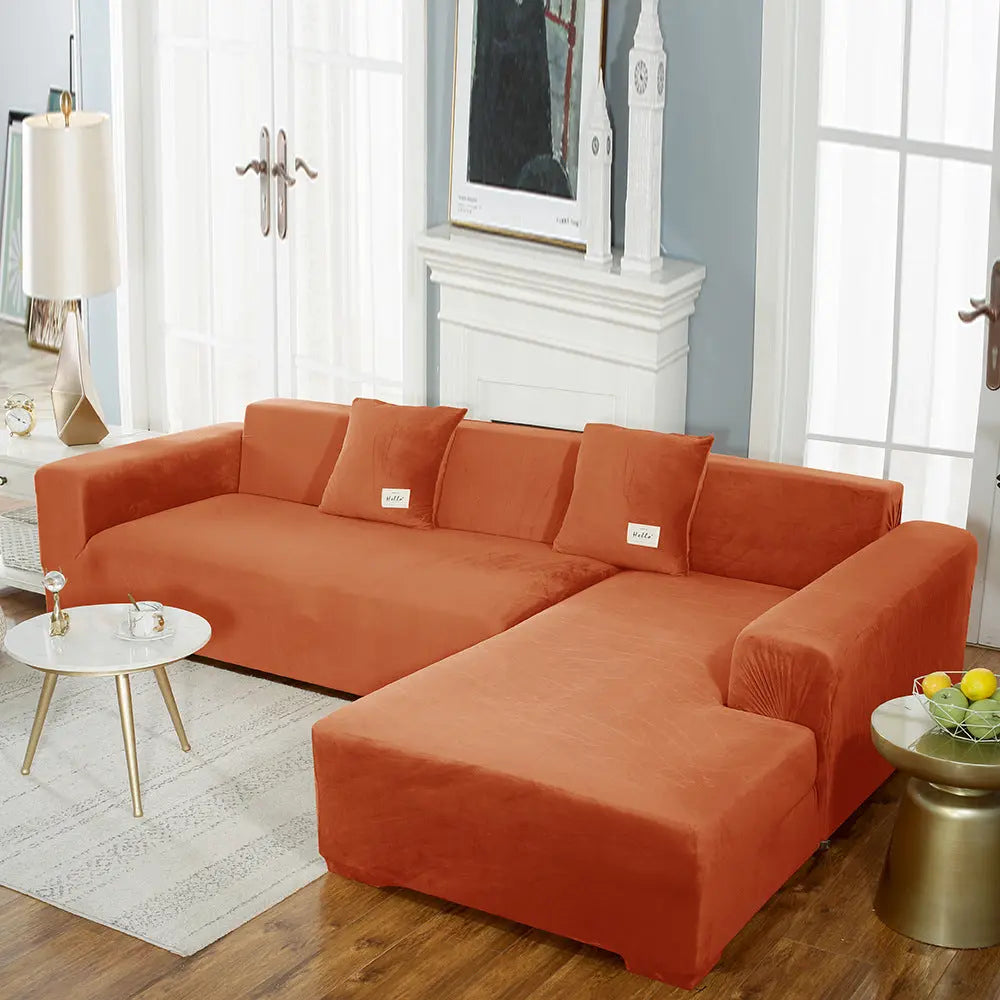 Corner Sofa Cover Velvet Stretchable LUMIÈRE Sunset Coffee-235to300cm
