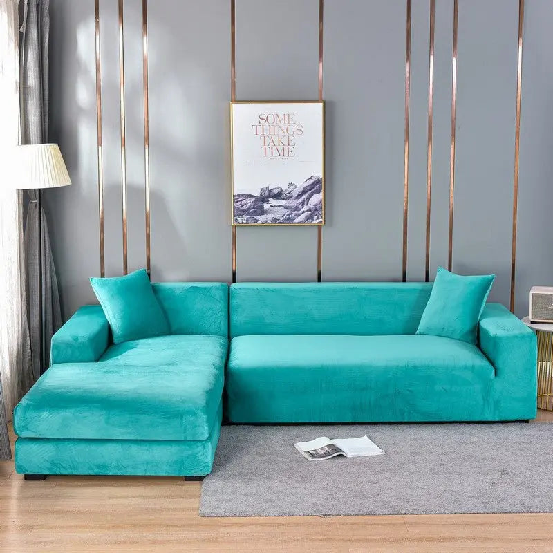 Corner Sofa Cover Velvet Stretchable LUMIÈRE Turquoise Blue-Double 145 185cm