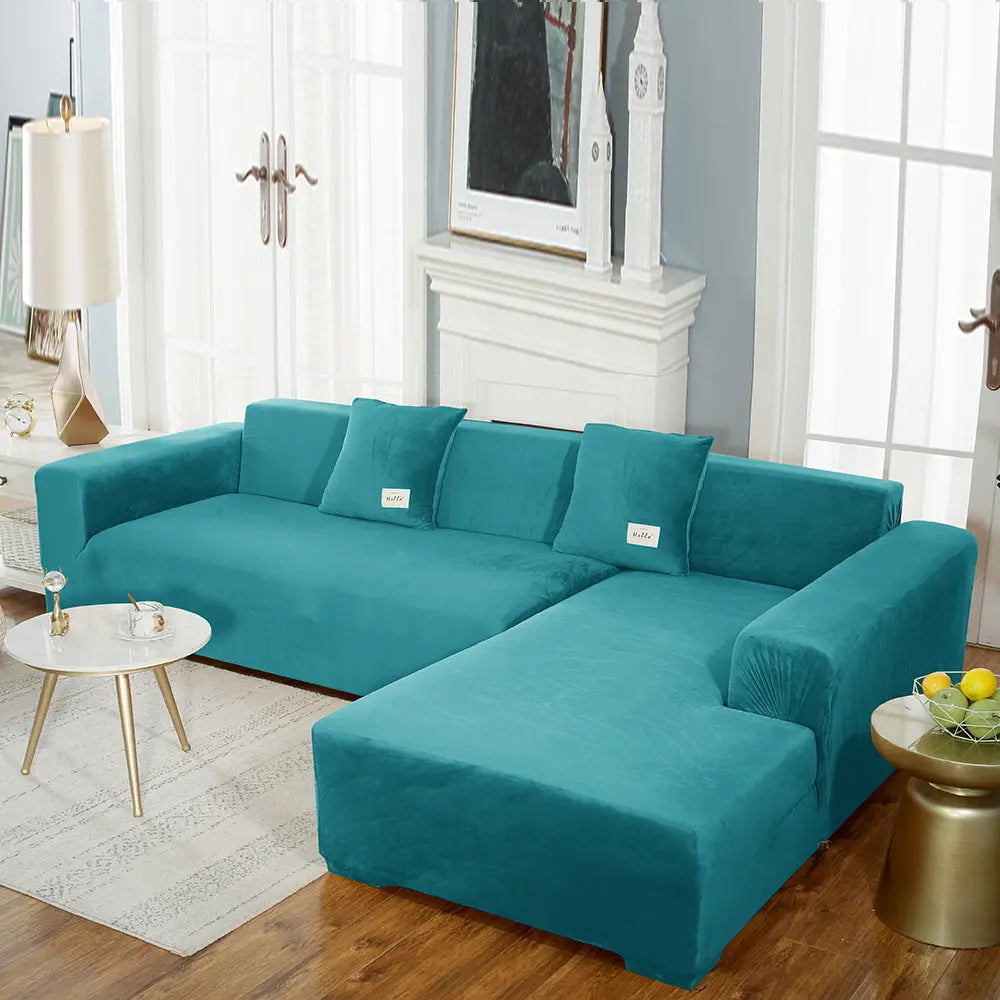 Corner Sofa Cover Velvet Stretchable LUMIÈRE Turquoise Blue-Single Seat 90to140cm