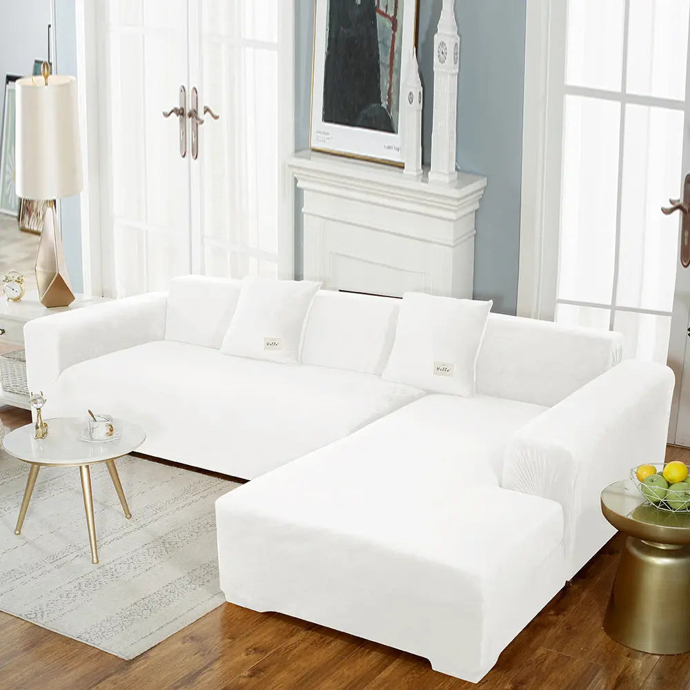 Corner Sofa Cover Velvet Stretchable LUMIÈRE White-145to185cm
