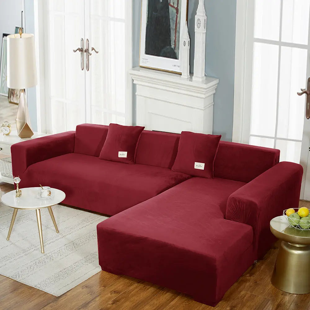 Corner Sofa Cover Velvet Stretchable LUMIÈRE Wine Red-145to185cm