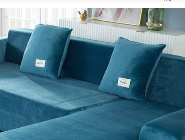 Corner Sofa Cover Velvet Stretchable LUNETTE Lake blue two pillowcases-45x45cm