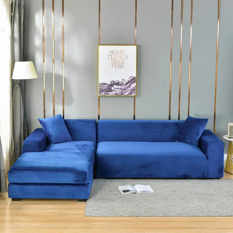 Corner Sofa Cover Velvet Stretchable VELUNE Sapphire Blue-Four People 235 300cm