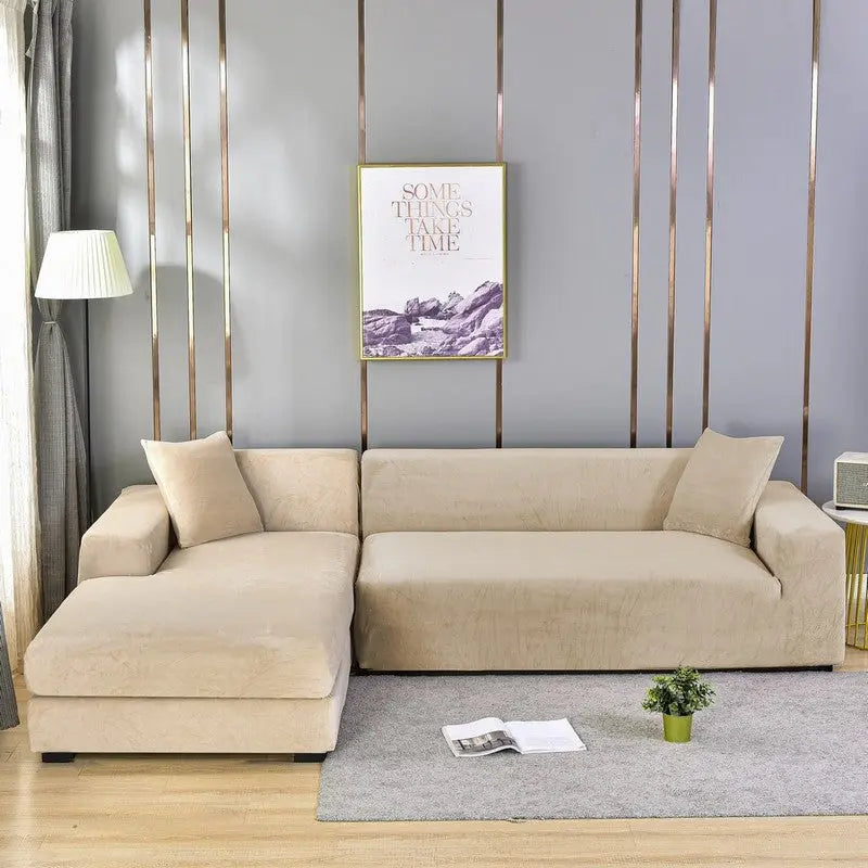 Corner Sofa Cover Velvet Stretchable VELUNE Silver Fox Velvet Beige Gray-Four People 235 300cm