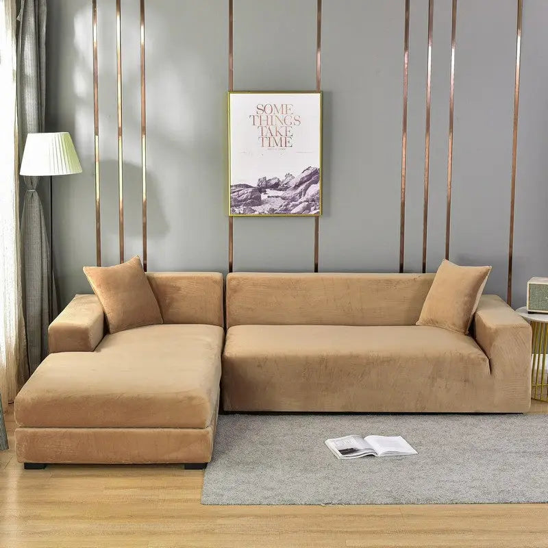 Corner Sofa Cover Velvet Stretchable VELUNE Silver Fox Velvet Camel-Double 145 185cm