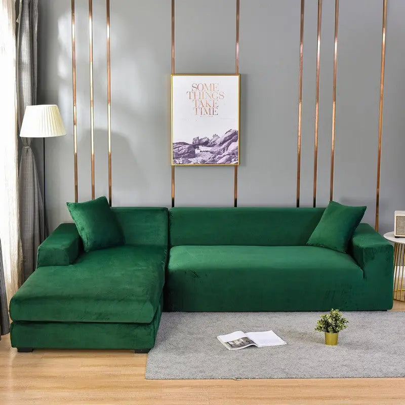 Corner Sofa Cover Velvet Stretchable VELUNE Silver Fox Velvet Dark Green-Three People 190 230cm
