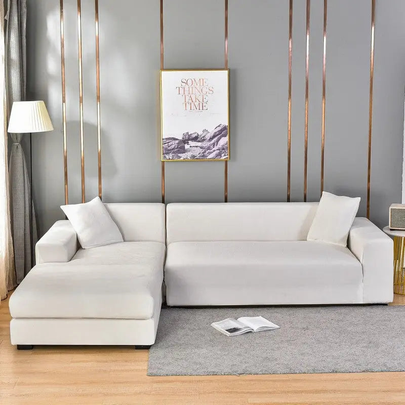 Corner Sofa Cover Velvet Stretchable VELUNE Silver Fox Velvet Pure White-Three People 190 230cm