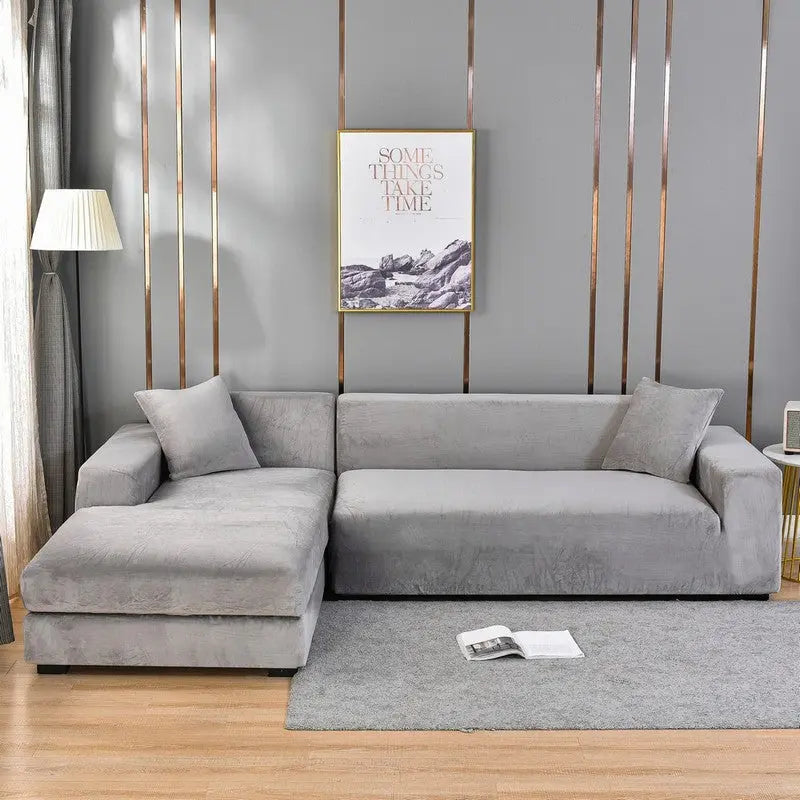 Corner Sofa Cover Velvet Stretchable VELUNE Silver Fox Velvet Silver Gray-Four People 235 300cm
