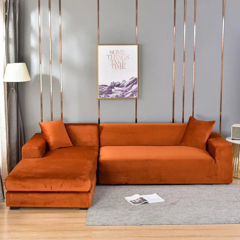Corner Sofa Cover Velvet Stretchable VELUNE Sunset Coffee-Four People 235 300cm