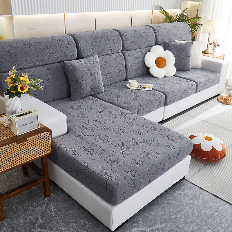 Sectional Sofa Seat Cover Non-Slip Floral LUCETTE Four Leaf Clover Dark Gray-Headrest S Code
