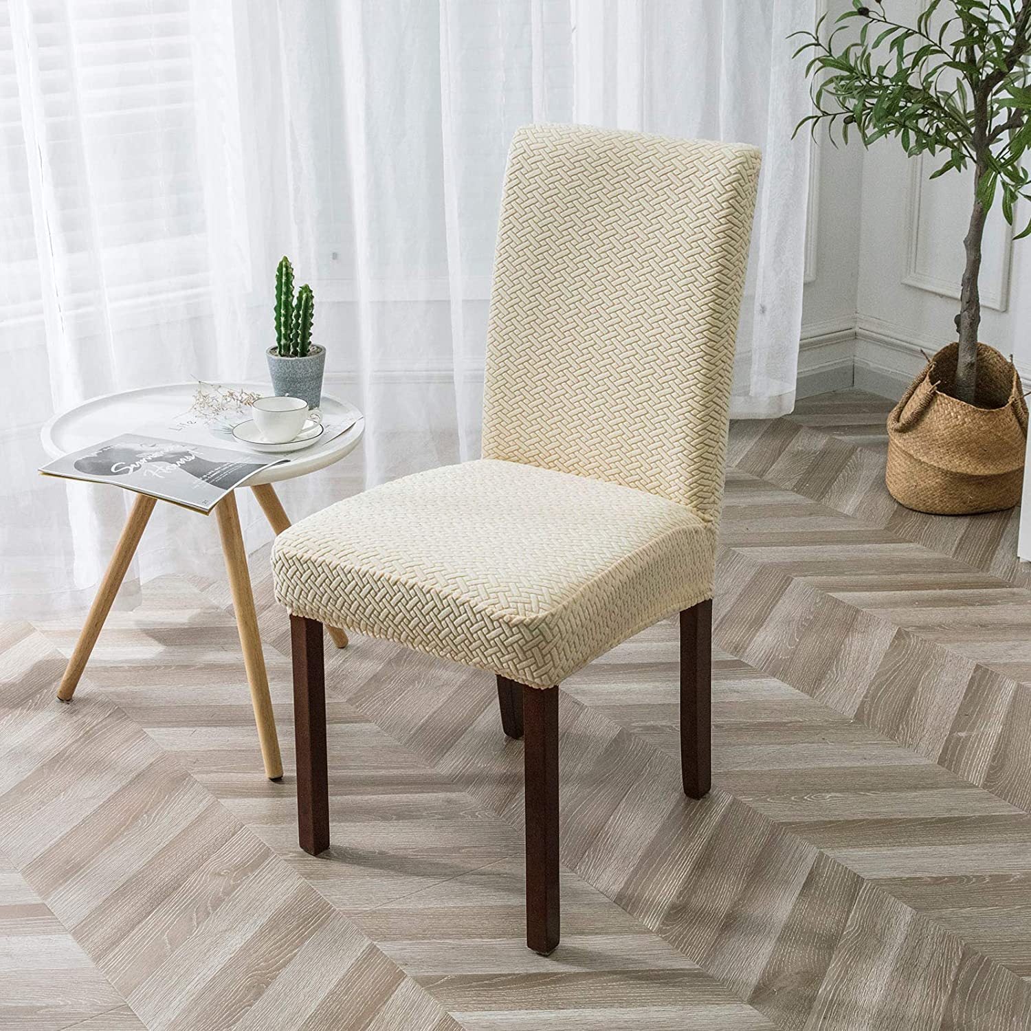 Dining Chair Cover Jacquard Plaid CHARMÉE Beige-M