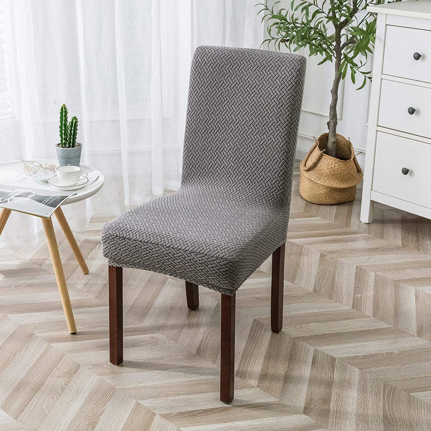 Dining Chair Cover Jacquard Plaid CHARMÉE Light Gray-M