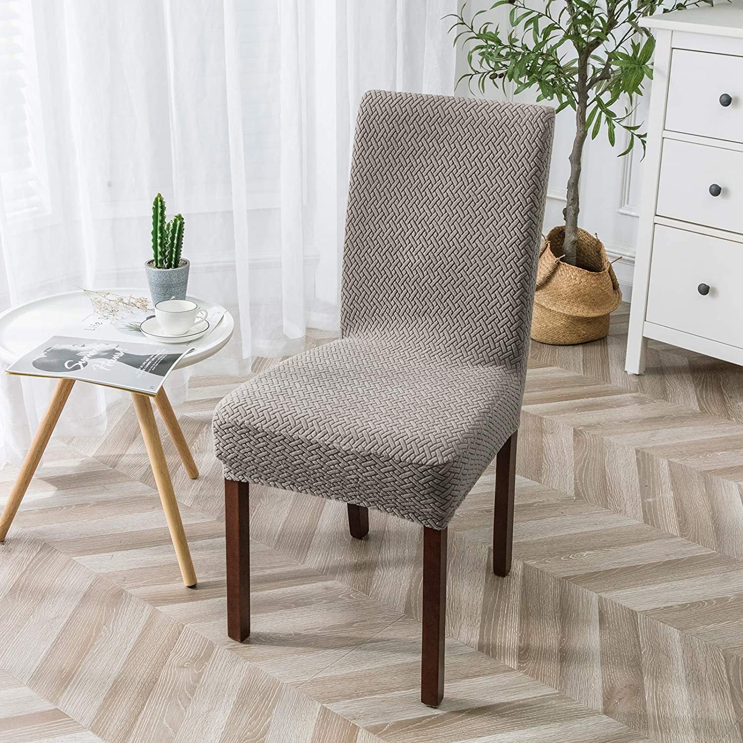 Dining Chair Cover Jacquard Plaid CHARMÉE Taupe-M