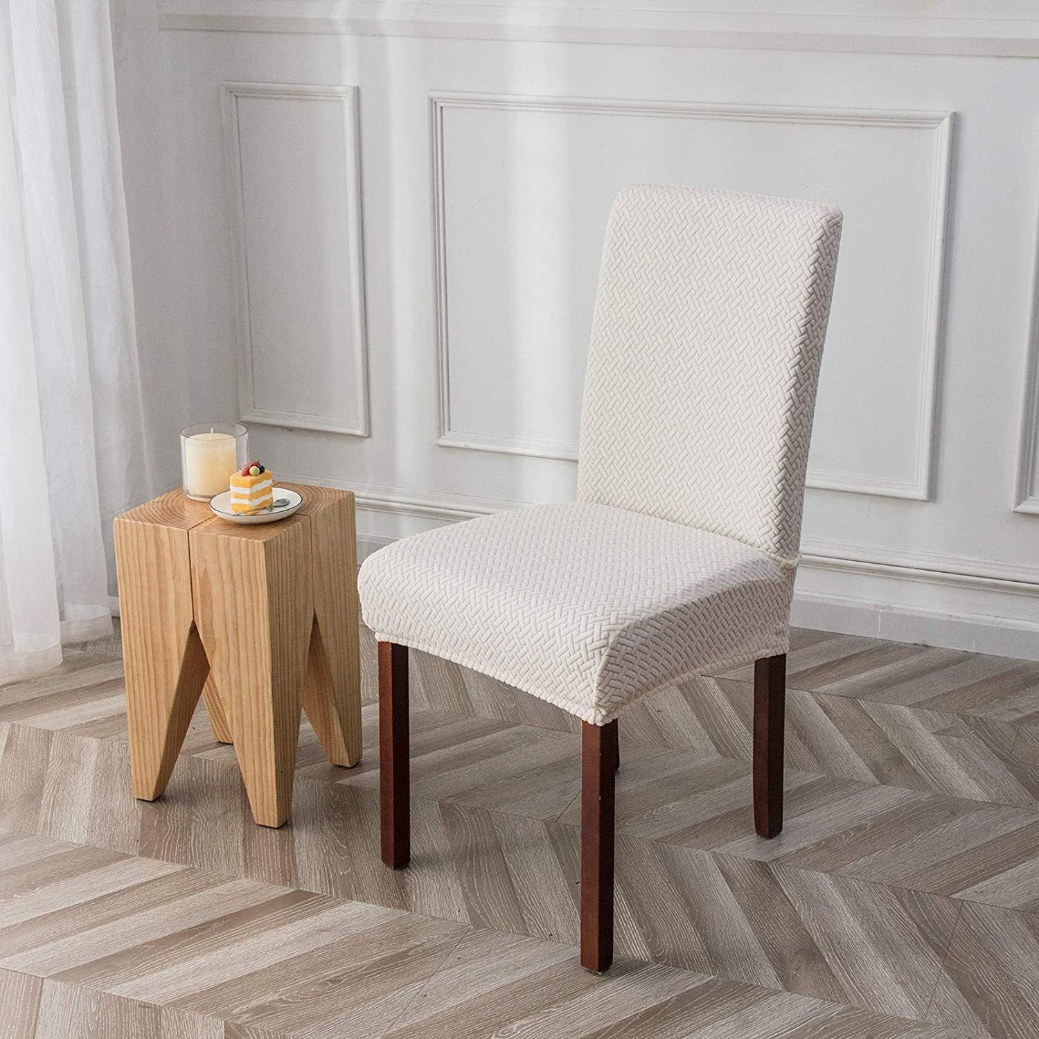 Dining Chair Cover Jacquard Plaid CHARMÉE White-M