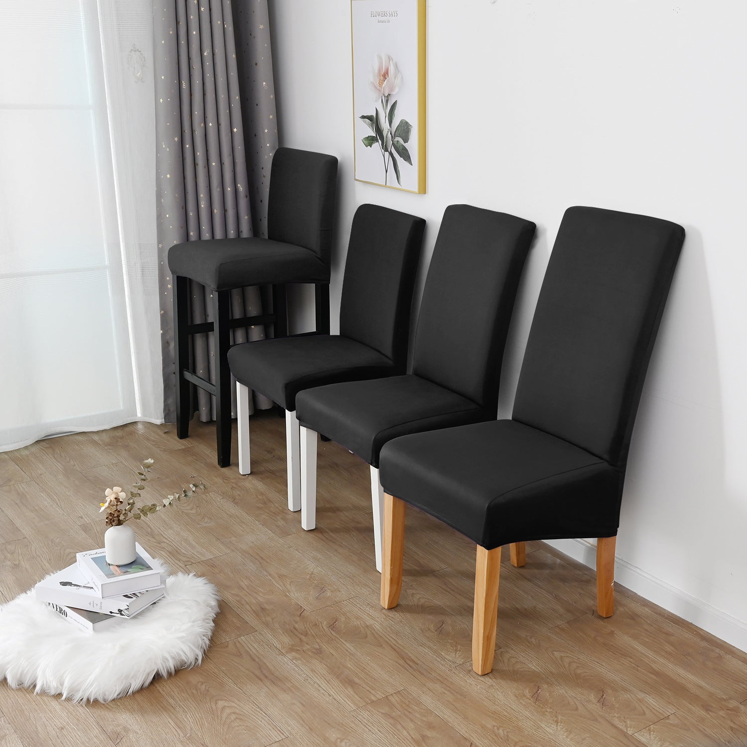 Dining Chair Cover Stretch Polyester LUMIERA Black-S