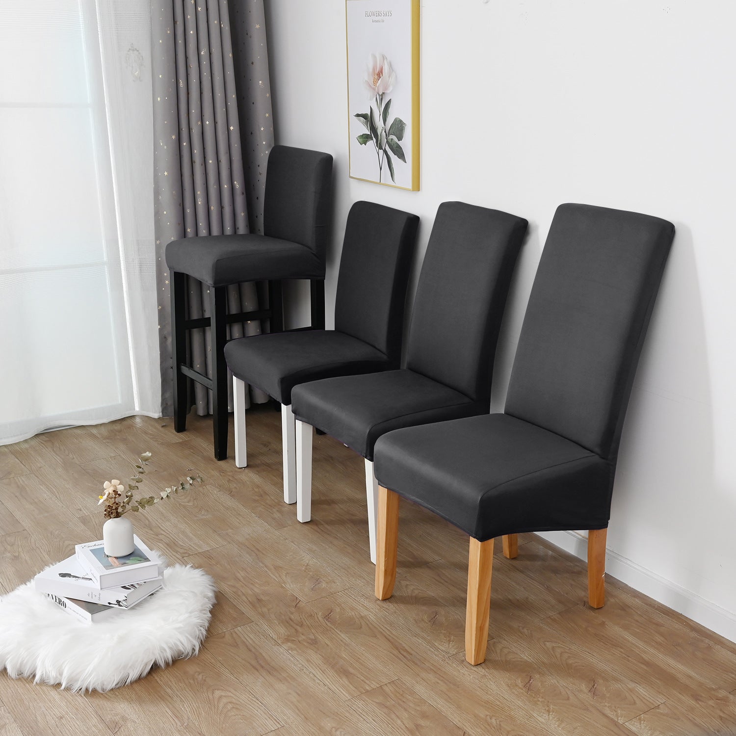 Dining Chair Cover Stretch Polyester LUMIERA Dark Grey-S
