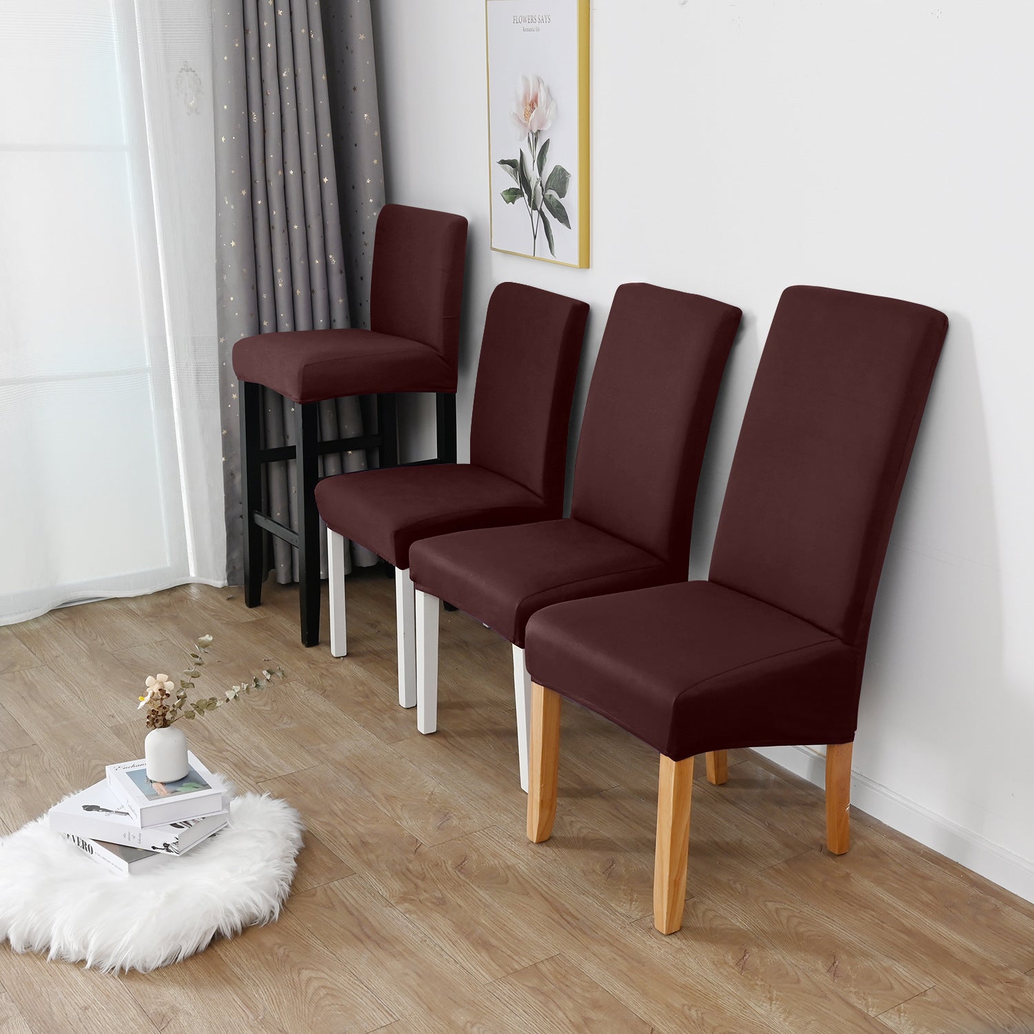 Dining Chair Cover Stretch Polyester LUMIERA Deep coffee-S