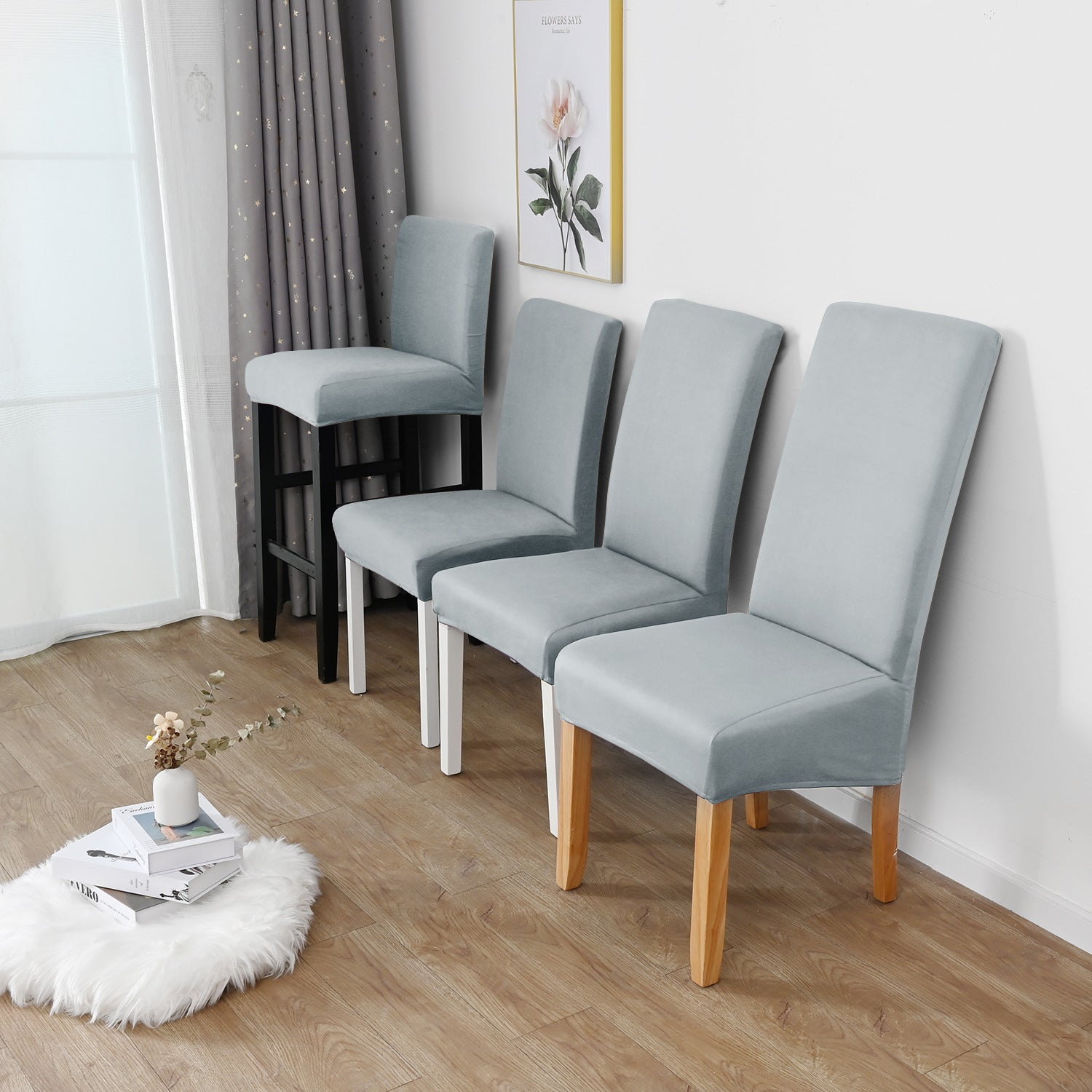 Dining Chair Cover Stretch Polyester LUMIERA Light Grey-M
