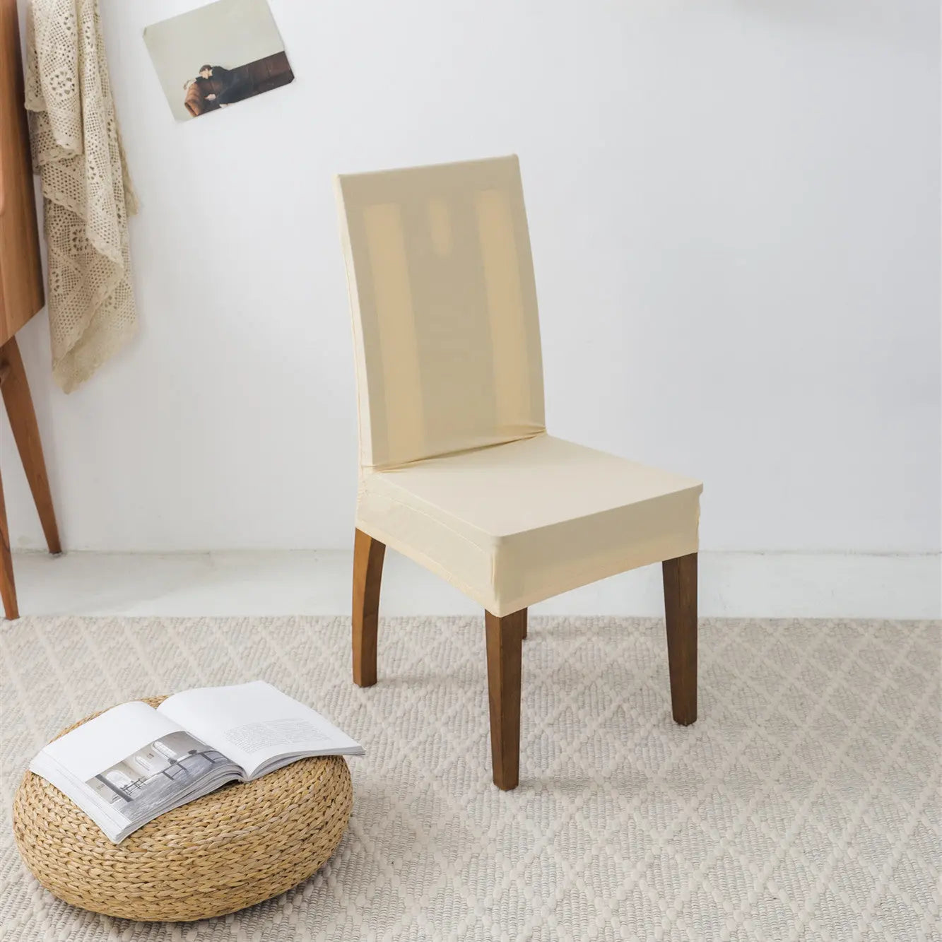 Dining Chair Covers Milk Silk Stretchable FLEURIS Beige-Universal