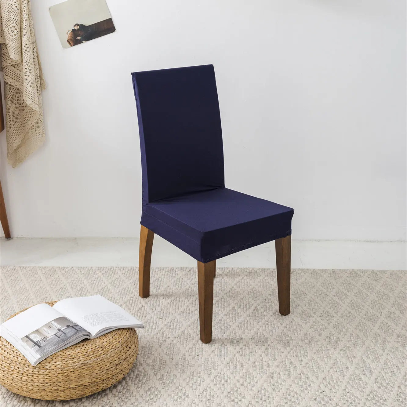 Dining Chair Covers Milk Silk Stretchable FLEURIS Navy Blue-Universal