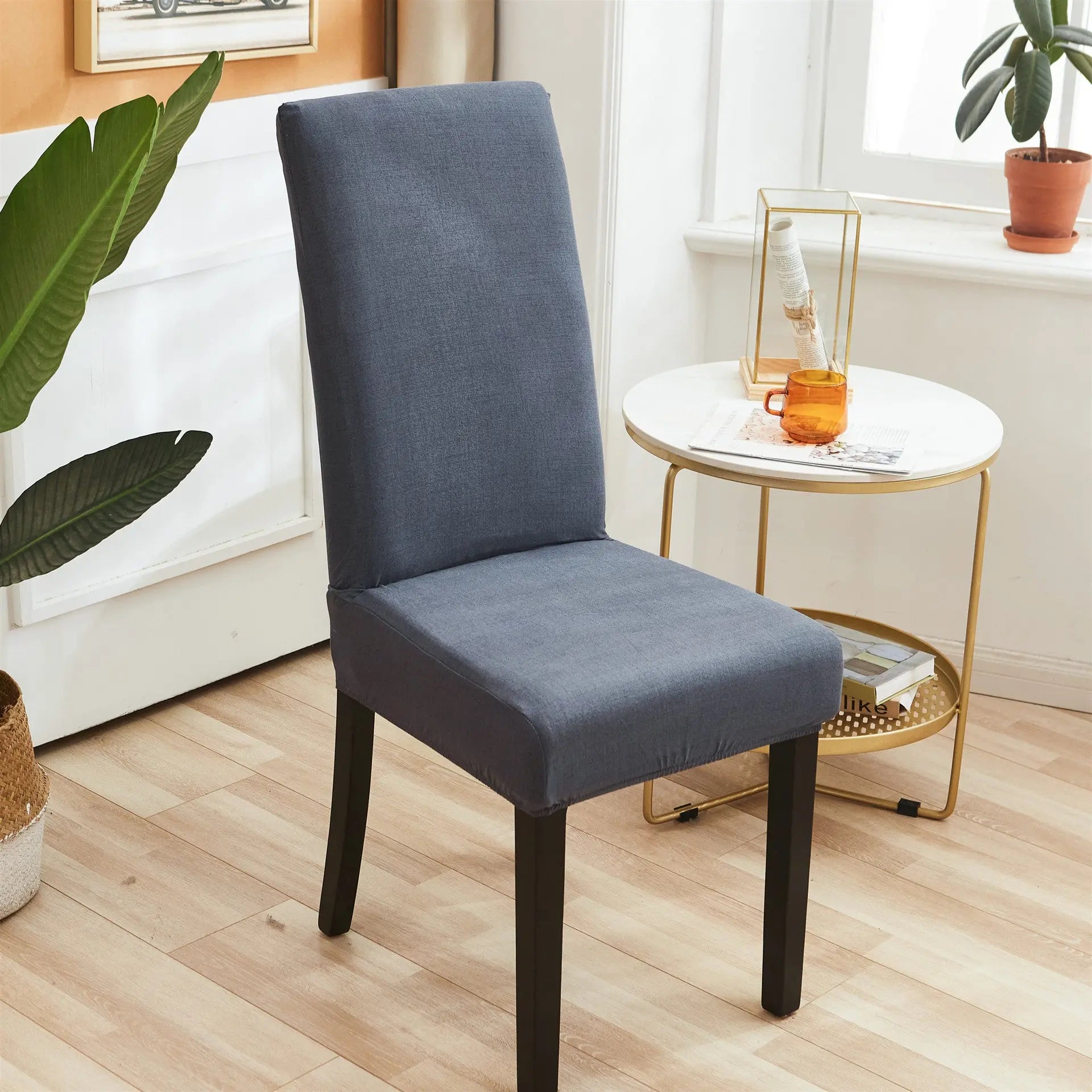 Dining Chair Covers Milk Silk Stretchable FLORETTE Blue Gray-Universal