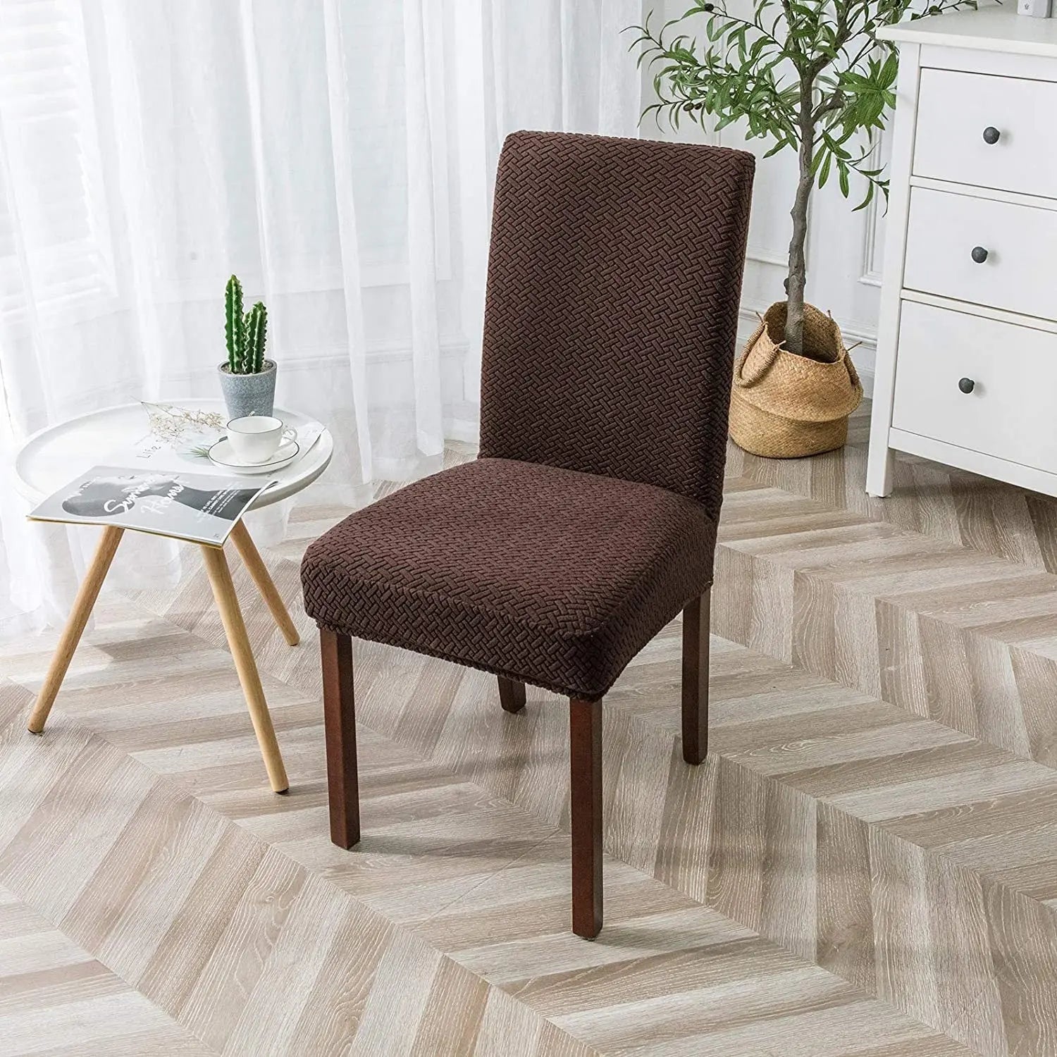 Dining Chair Covers Plaid Jacquard LUMIEREA Brown-M