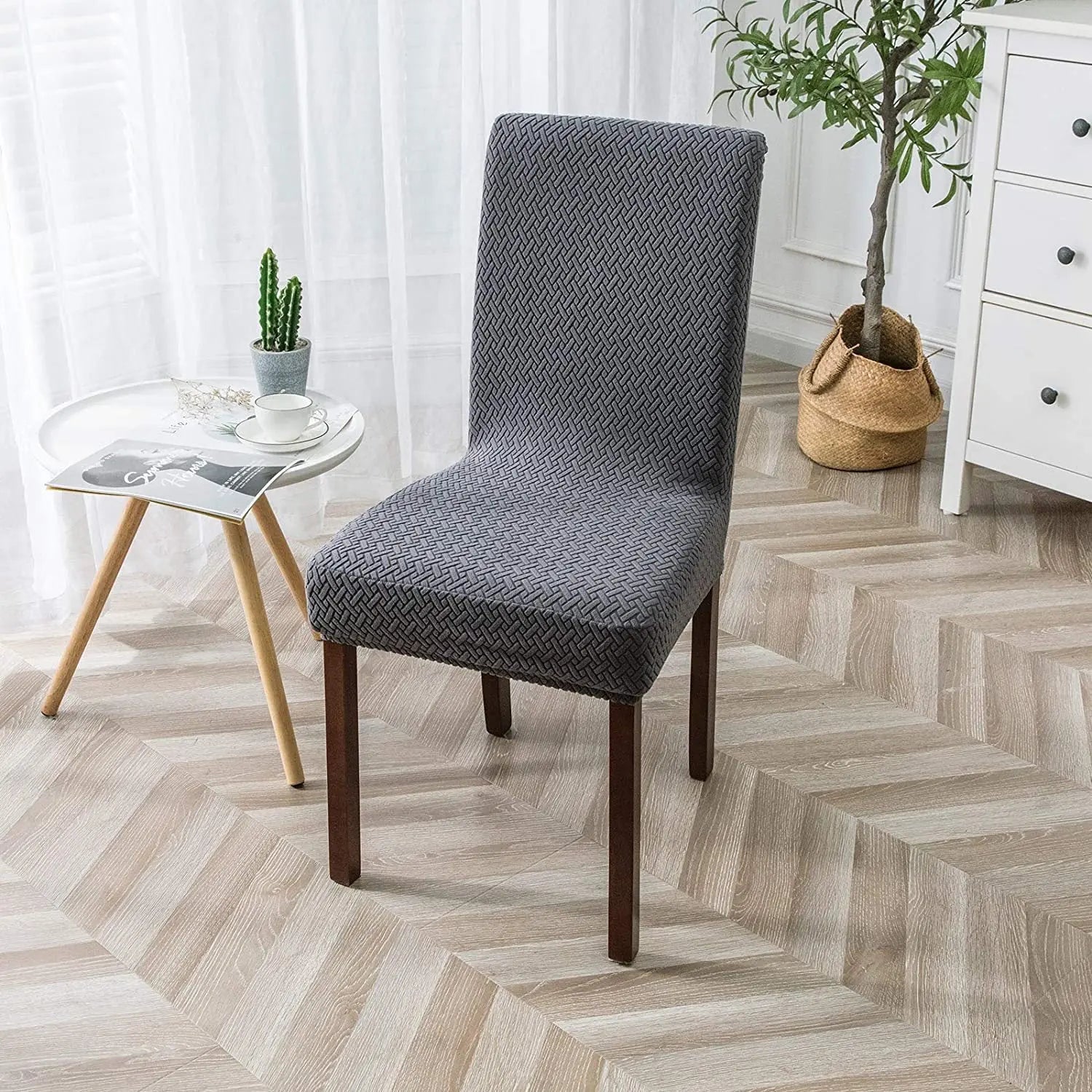 Dining Chair Covers Plaid Jacquard LUMIEREA Dark Gray-M