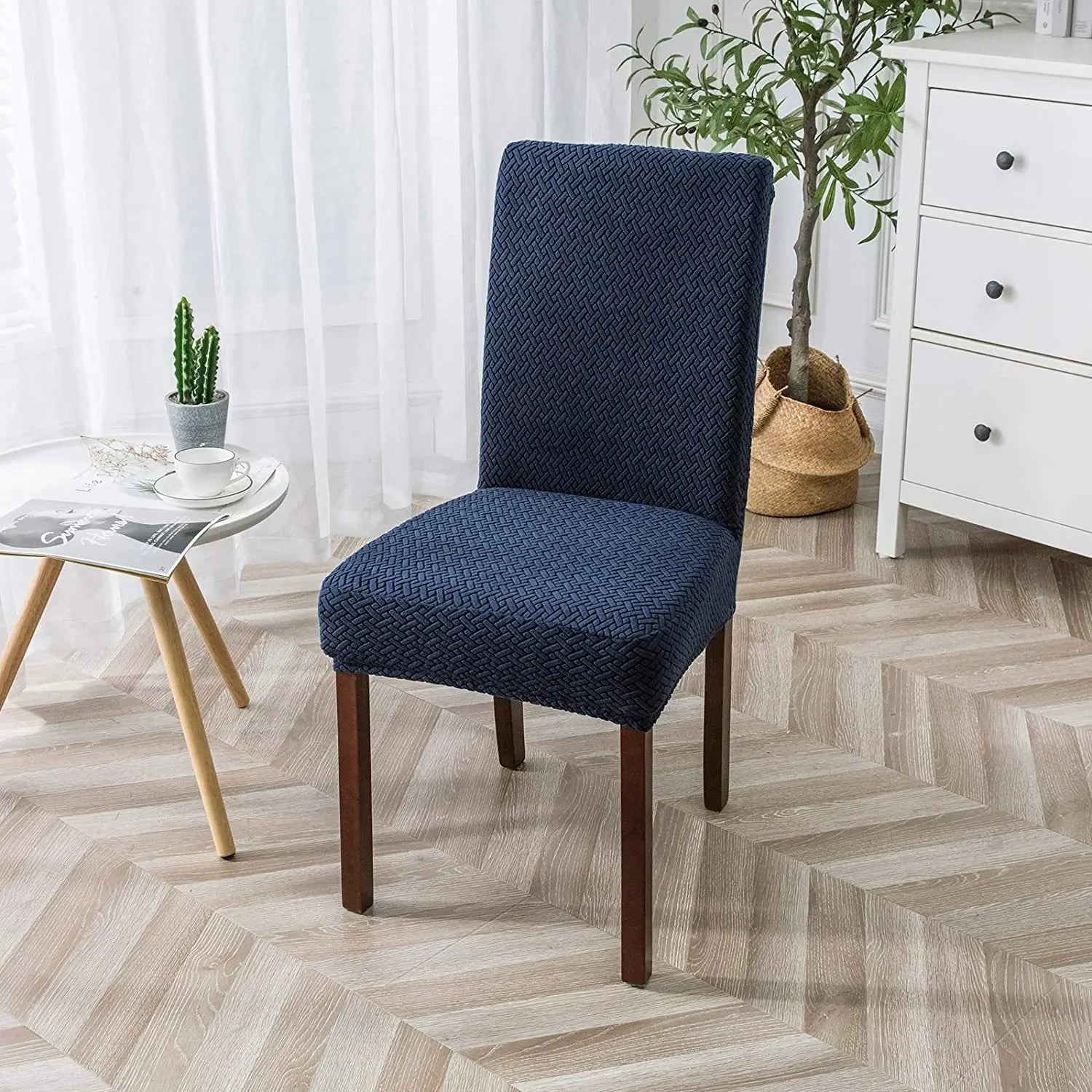 Dining Chair Covers Plaid Jacquard LUMIEREA Navy Blue-M
