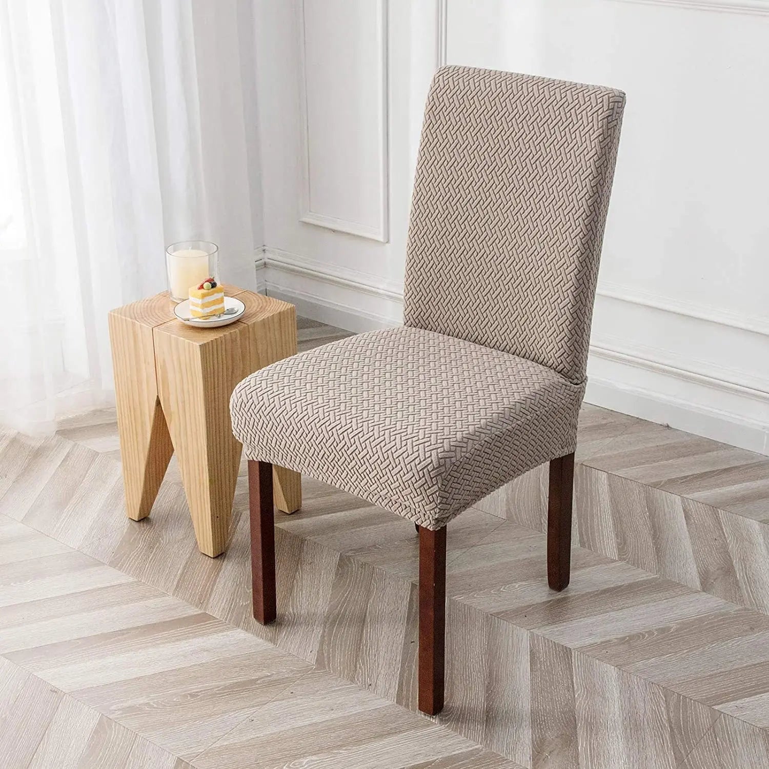 Dining Chair Covers Plaid Jacquard LUMIEREA Sand Color-M