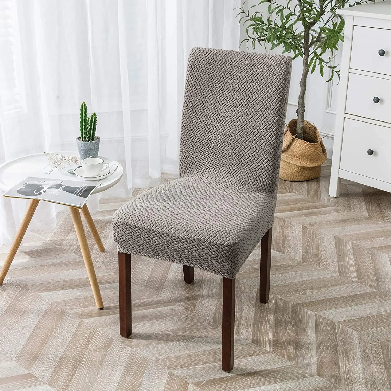 Dining Chair Covers Plaid Jacquard LUMIEREA Taupe-M
