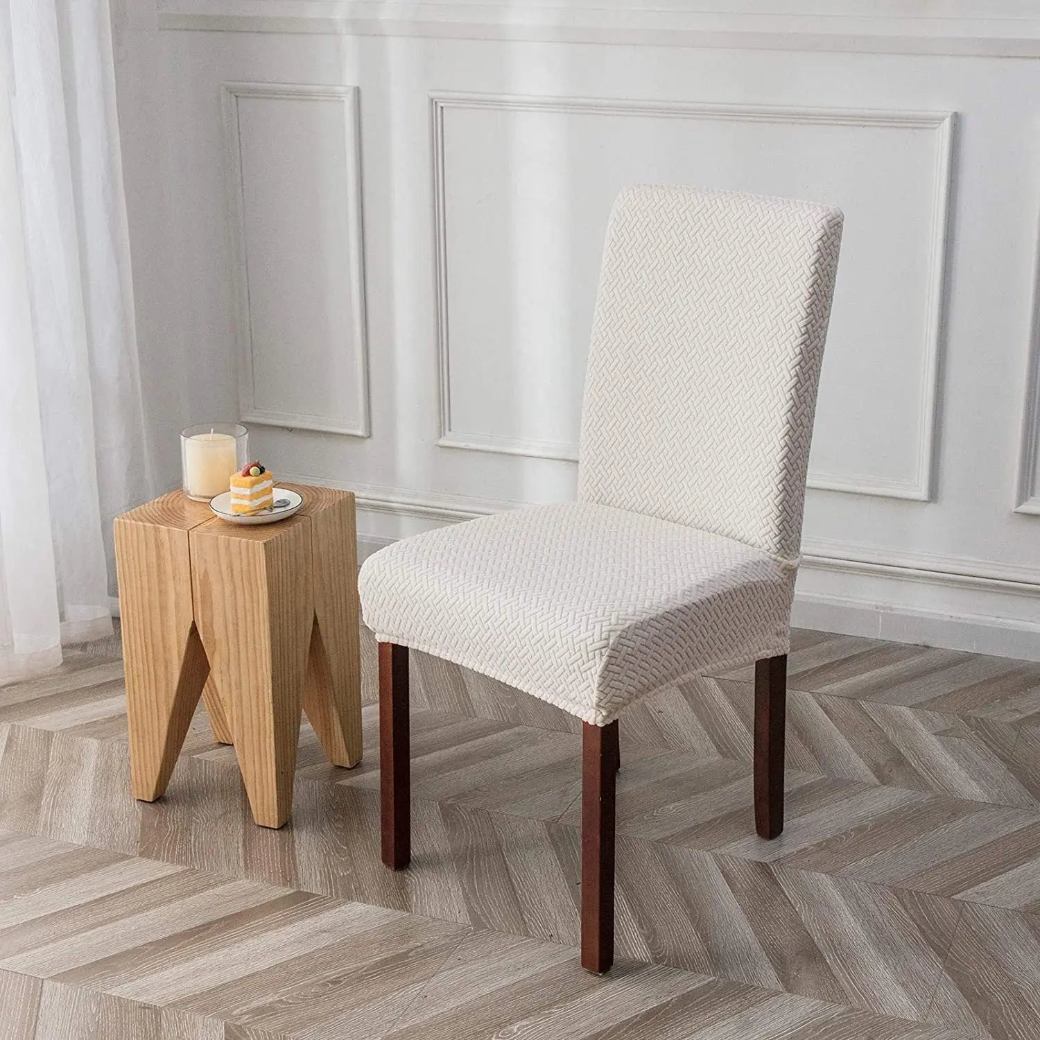 Dining Chair Covers Plaid Jacquard LUMIEREA White-M