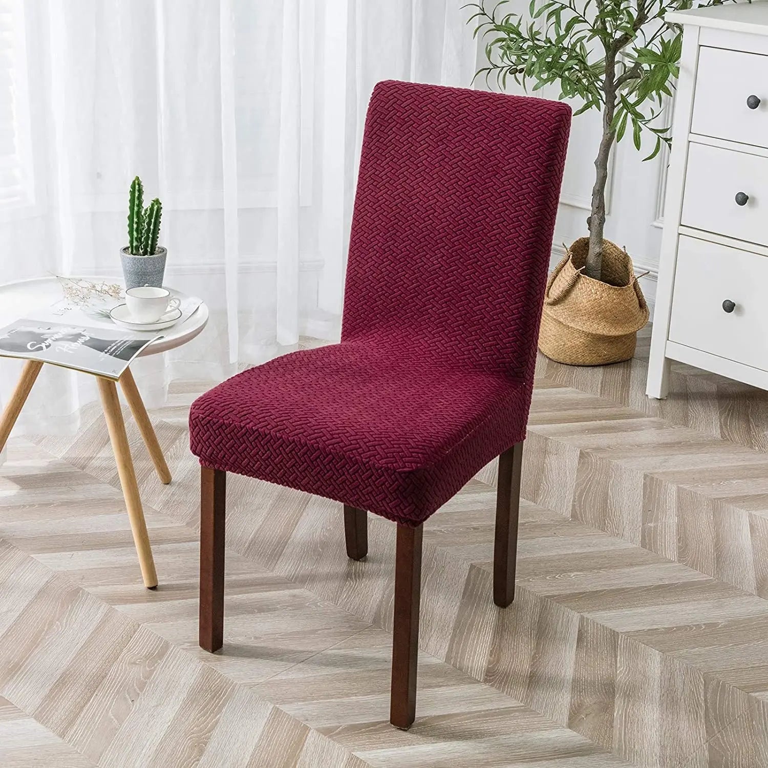Dining Chair Covers Plaid Jacquard LUMIEREA Wine Red-M