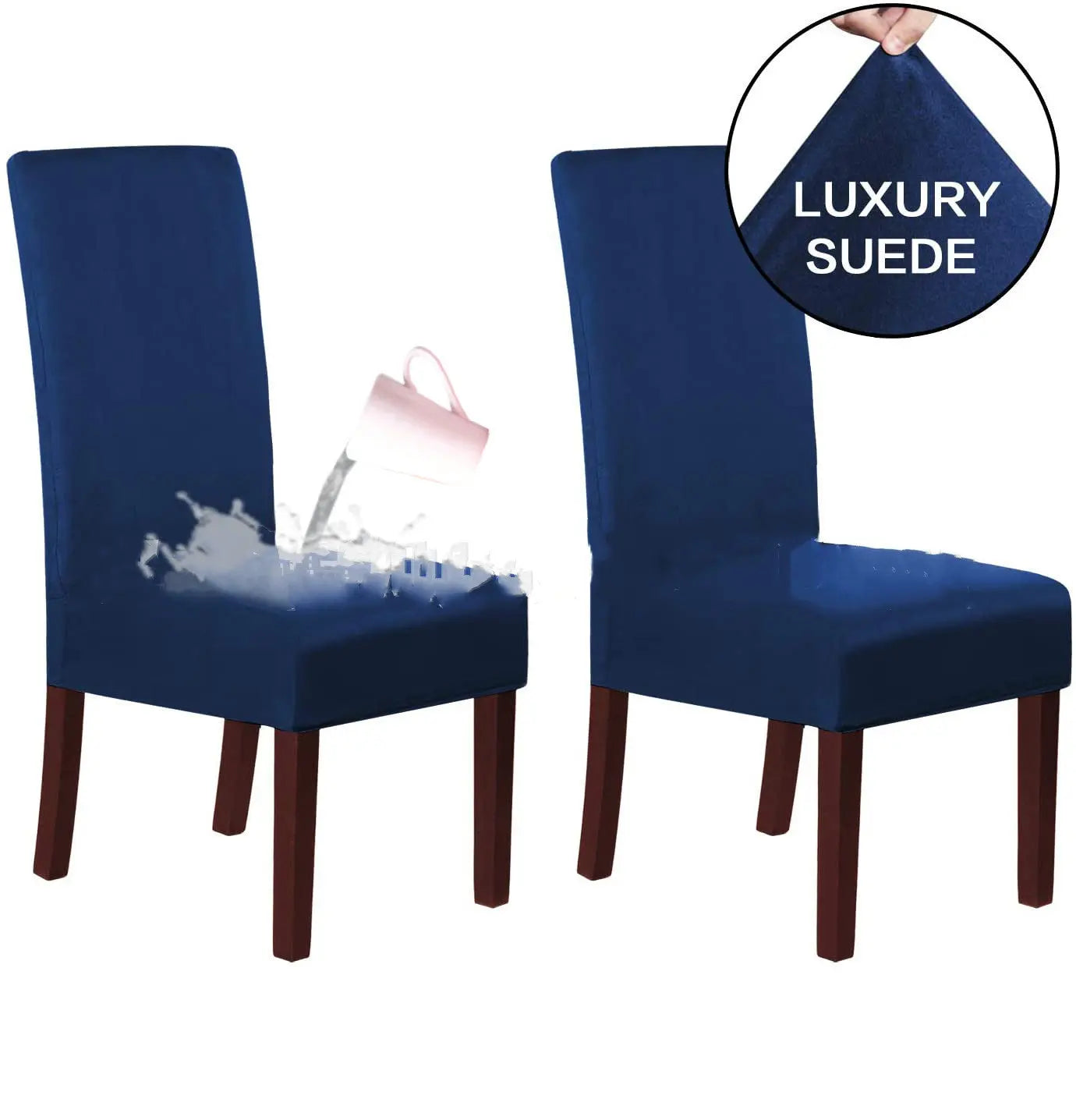 Dining Chair Covers Stretch Suede LUNETTE Navy Blue-2PC