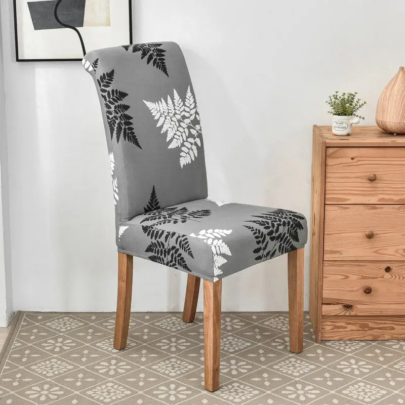 Dining Chair Covers Stretchable Polyester VIVIEN Gray White Leaves-Universal Elastic Chair Cover
