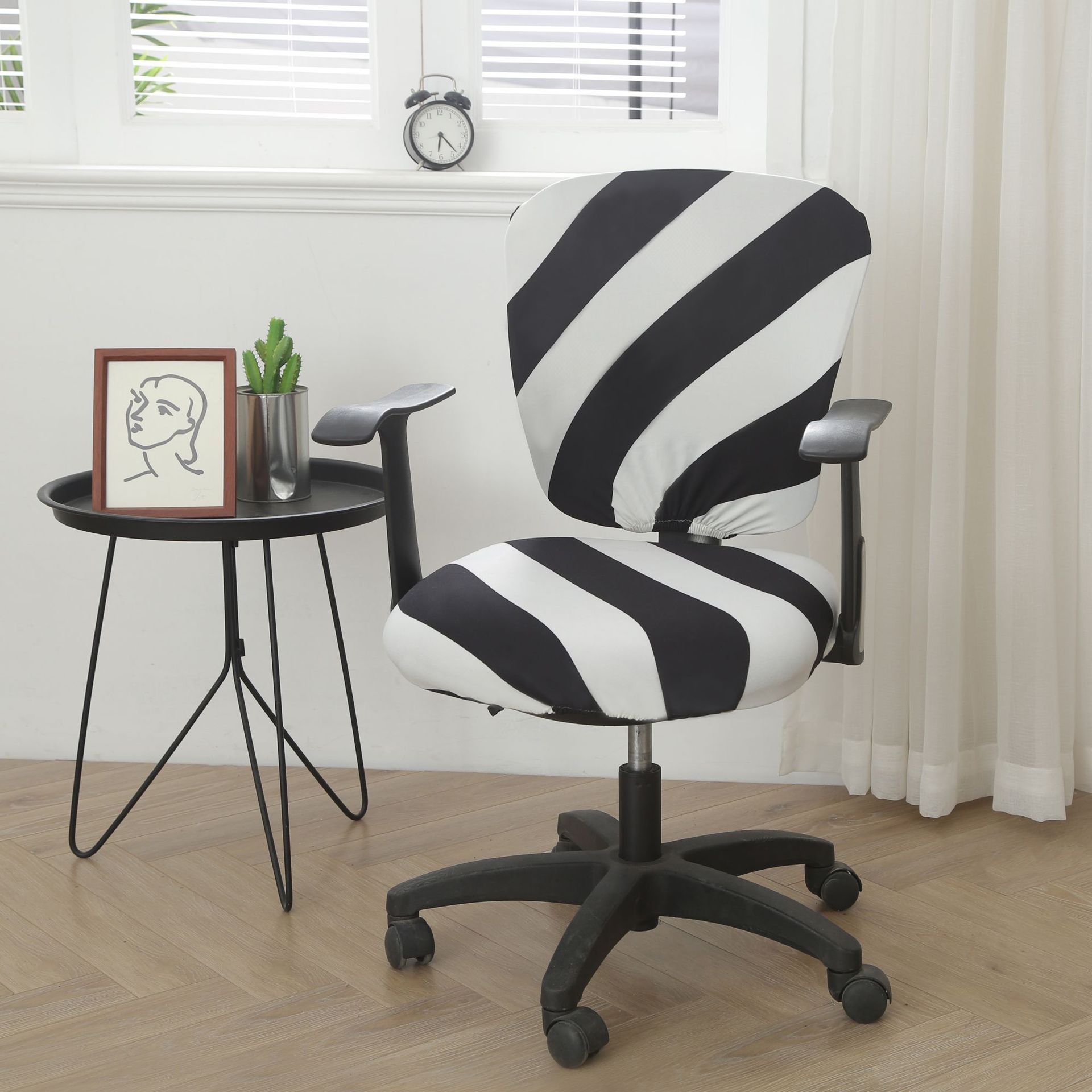 Task Chair Cover Stretchable Milksilk SÉRÈNE Black And White Stripes-Split Universal
