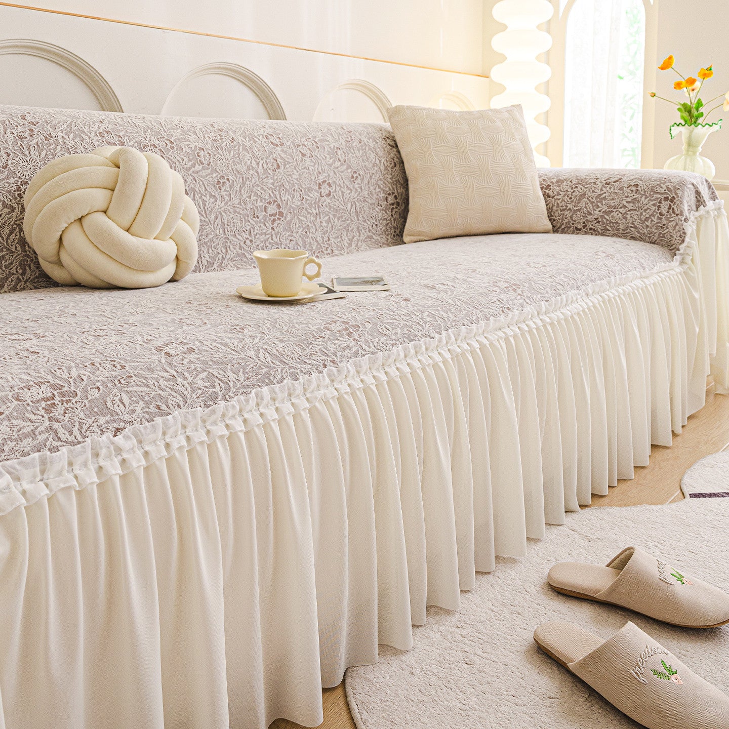 Lace Sofa Cover Chenille Full-Cover FLORETTE Light Coffee Color-180X150cm