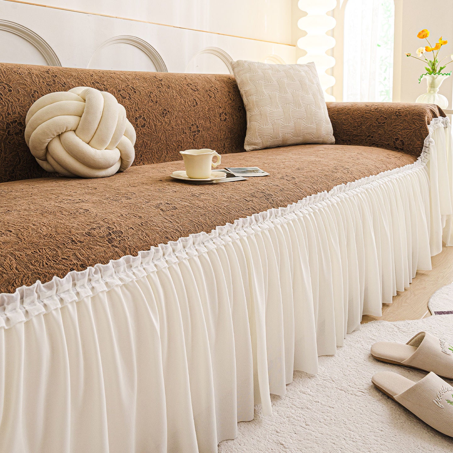 Lace Sofa Cover Chenille Full-Cover FLORETTE Dark Coffee Color-180X150cm
