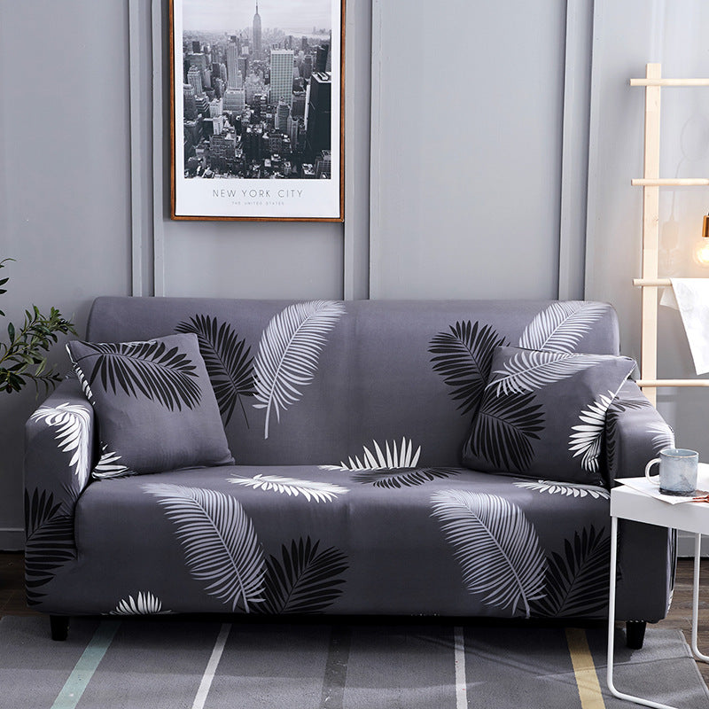 Loveseat Cover Stretch Non-Slip ELONIE Black Feather Leaf-145to185 Double