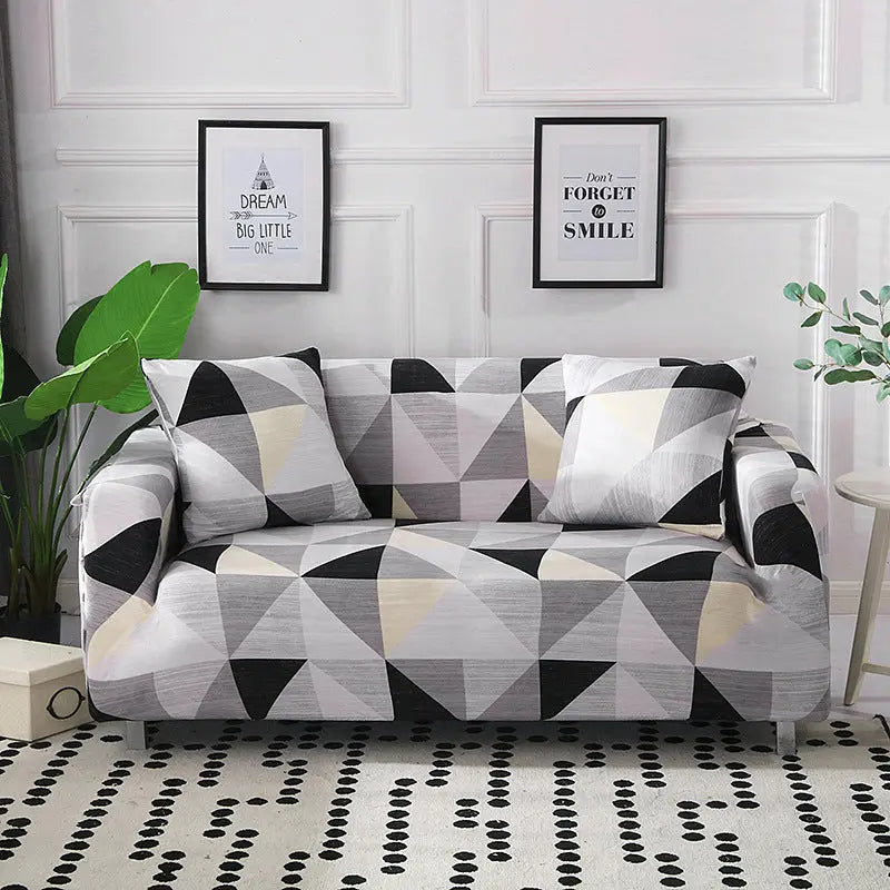 Loveseat Covers Stretchable Polyester LUMIERE Black And Gray Geometric-Three Seat Sofa Cover