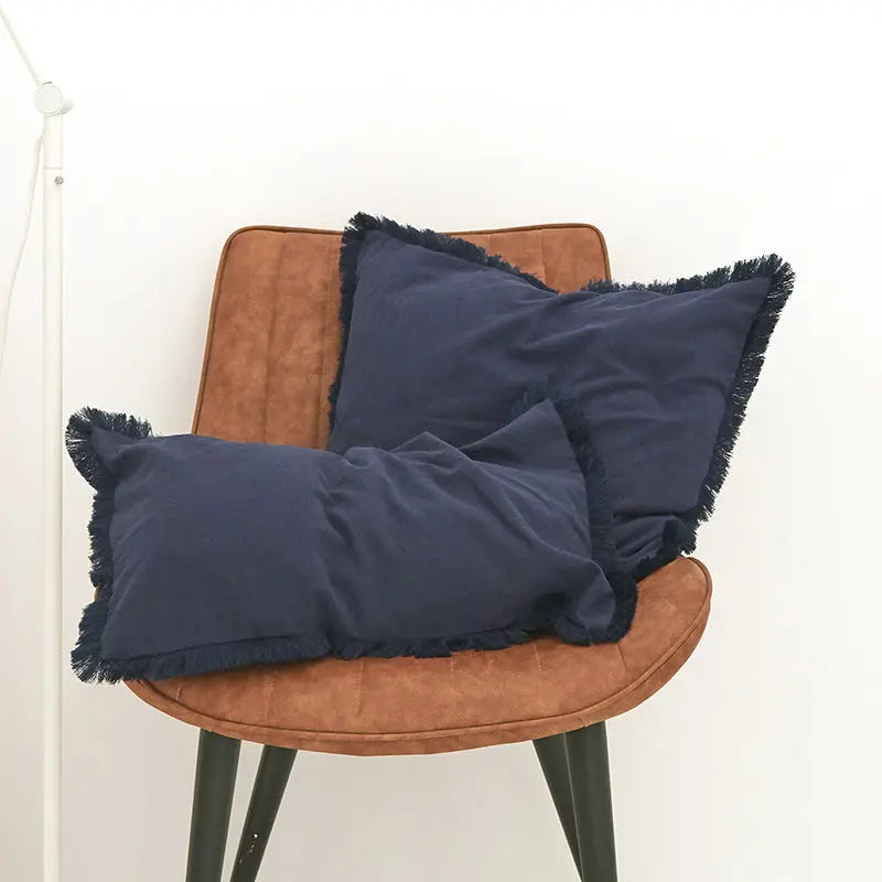 Pillow Cover Washed Cotton Minimalist LUMINAIRE Dark Blue Fringe-45X45cm
