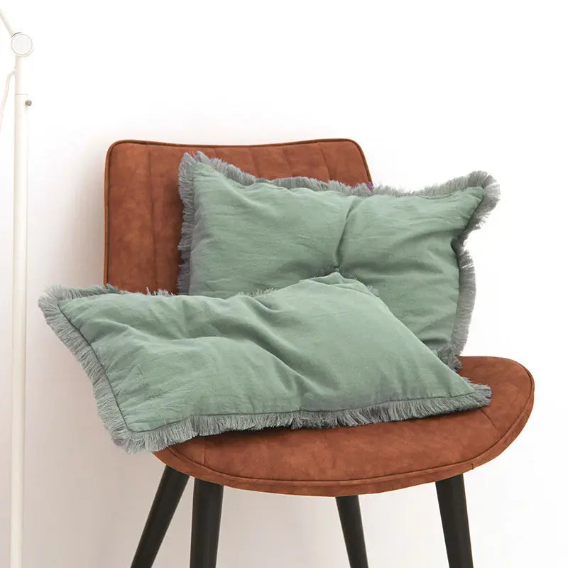 Pillow Cover Washed Cotton Minimalist LUMINAIRE Silt Green Fringe-30X50cm